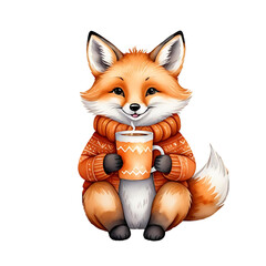 Fototapeta premium Cute fox illustration wearing cozy sweater and holding warm mug, adorable winter animal character, soft warm colors, charming cartoon style artwork Isolated on transparent background