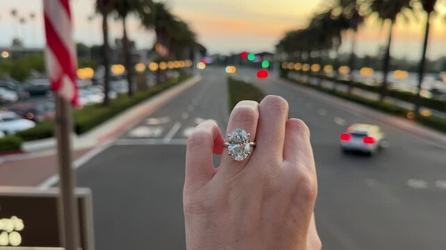 Large oval diamond solitaire engagement ring on a hand filmed with cars passing on the street at sunset in Newport Beach.