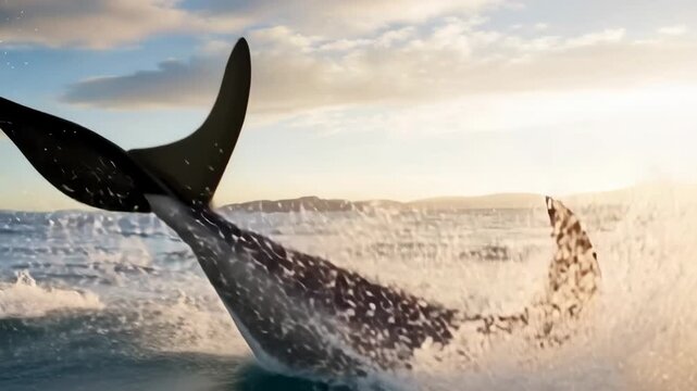A dynamic video captures a dolphin leaping out of the ocean at sunset. The low-angle shot emphasizes the graceful arc against a serene sky. Live desktop wallpaper.