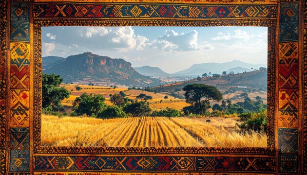 Ethiopian Landscape Framed by Colorful Woven Textile in Sunny Weather