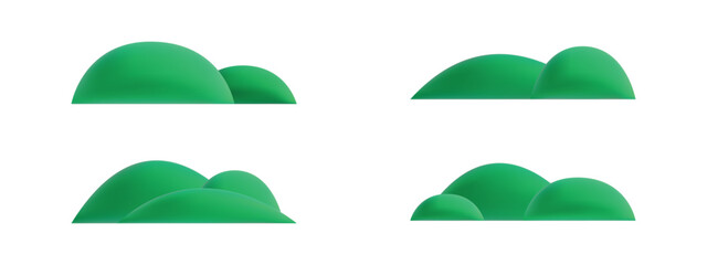 Set of 3D green mountains and hills. Cute cartoon green outdoor scenery icons isolated on white background