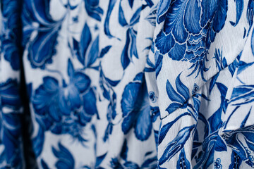 Blue floral fabric texture with botanical pattern