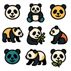 Naklejka premium Cute cartoon pandas: icon collection with adorable expressions and poses