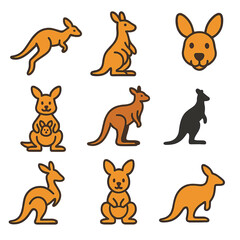 Naklejka premium Kangaroo icons set depicting various poses and expressions in silhouette style