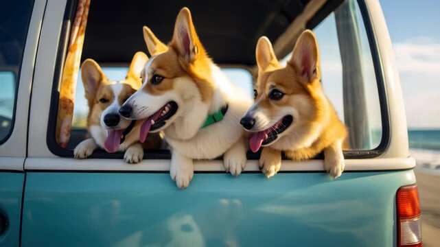 Three happy corgis peek out of a vintage van's window by the beach. Captured from a low angle, this scene is perfect for a joyful travel video. Live desktop wallpaper.