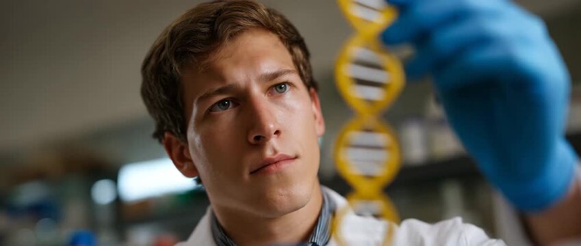 The image portrays a scientist studying a DNA helix in a laboratory.