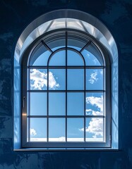 Obraz premium Arched Window with Metal Frame Overlooking Blue Sky with Clouds