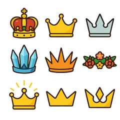 Variety of colorful crowns and tiaras in cartoon style