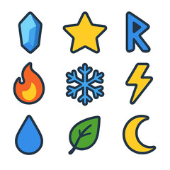 Obraz premium Colorful element icons: crystal, star, rune, fire, snowflake, lightning, water, leaf, moon