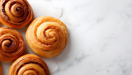Fototapeta premium Delicious swirls of freshly baked pastries on a pristine white backdrop showcasing intricate design