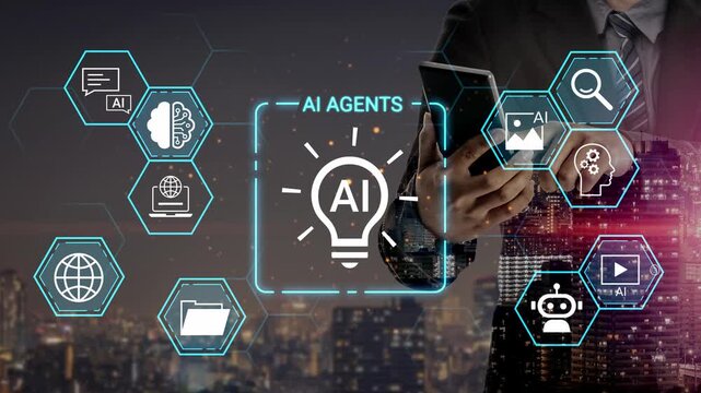 Modern Business Concept of AI Agents with Digital Icons on a Night City Background, Technology and Innovation in Artificial Intelligence Gluon.