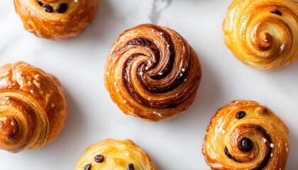 Fototapeta premium Delicious swirls of freshly baked pastries on a pristine white backdrop showcasing intricate design