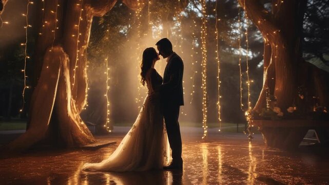 Romantic video scene of a couple silhouetted under twinkling lights, captured from a low angle to emphasize the enchanting atmosphere. Live desktop wallpaper.