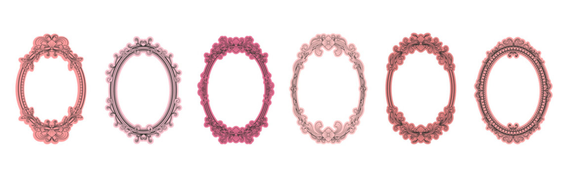 Set of six ornate oval frames with baroque decoration in pink and coral colors on white background
