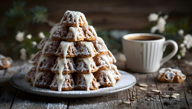 Kransekake, traditional Danish-Norwegian almond ring cake stacked into a festive pyramid, decorated with white icing and powdered sugar - erfect with a warm cup of coffee