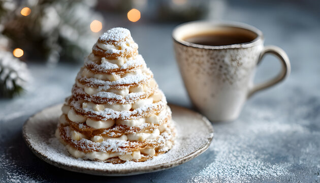 Kransekake, traditional Danish-Norwegian almond ring cake stacked into a festive pyramid, decorated with white icing and powdered sugar - erfect with a warm cup of coffee
