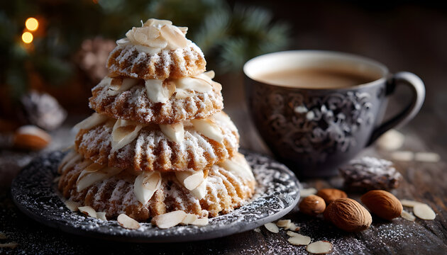 Kransekake, traditional Danish-Norwegian almond ring cake stacked into a festive pyramid, decorated with white icing and powdered sugar - erfect with a warm cup of coffee