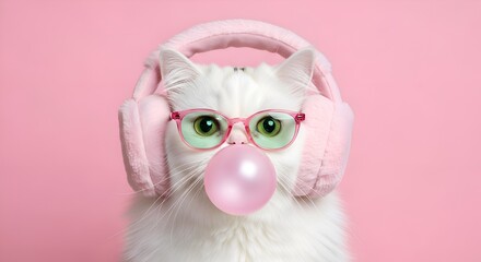Obraz premium Trendy Cat Blowing Bubble Gum On Pink Background