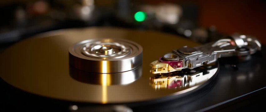 An intricate close-up shot of a vintage hard drive and its components.