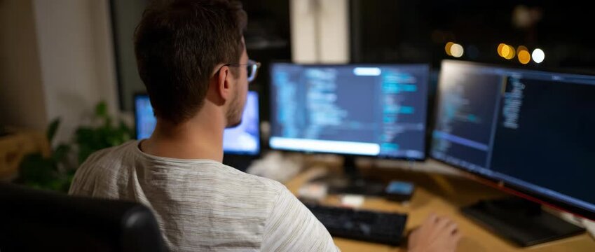 A developer writes code at night with multiple screens.