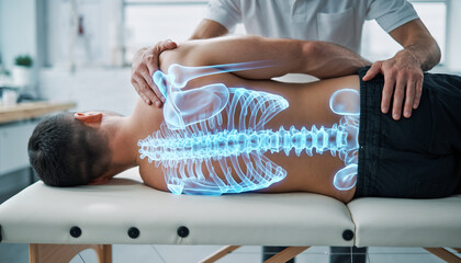 Chiropractic Adjustment Therapy on Patient Spine in Clinical Setting, Healthcare Illustration, Medical Environment, Side View, Wellness Concept
