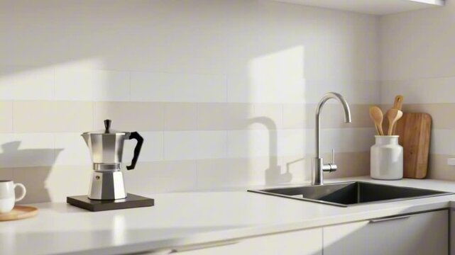 Kitchen scene stovetop espresso maker mug sink with faucet utensils in jar on white countertop against tiled backsplash