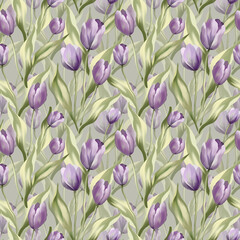 Seamless hand-drawn tulip pattern with artistic purple flowers and flowing green leaves. Soft elegant botanical background for textiles, wallpapers, packaging, branding and spring or romantic designs