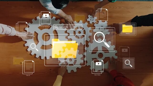 Collaborative Project Management with Digital Tools and Graphic Elements Depicting Innovation and Teamwork in a Modern Workspace Environment Gluon.