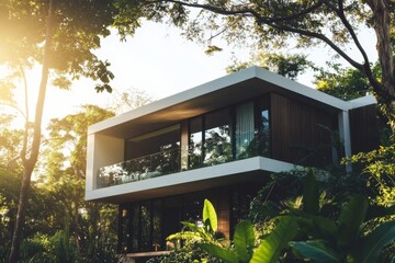 Modern house concept blends design with nature in a green setting showcasing sustainability and harmony in a quiet location during daylight hours
