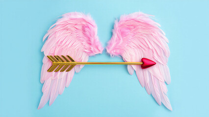 Pink angel wings with golden cupid arrow on blue background, symbolizing love and romance, valentines day aesthetic, heartfelt emotions, dreamy and soft romantic vibes, February 14 celebration