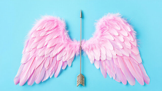 Pink feather angel wings with cupid arrow on pastel blue background, coquette vintage aesthetic, valentines romance props, soft pink decor, romantic styling, gift date night inspiration