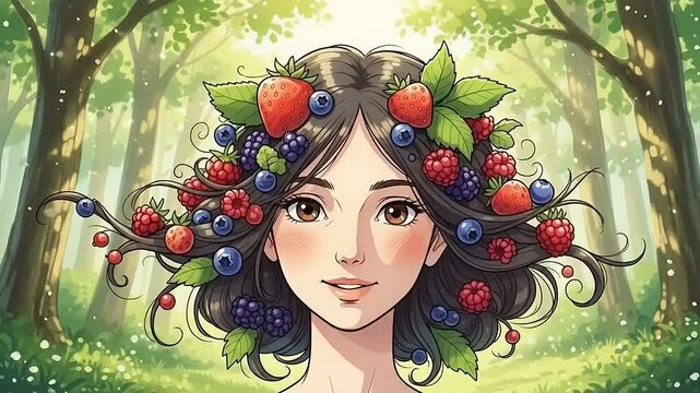 Enchanting Forest Nymph with BerryAdorned Hair in a Lush Woodland Setting.