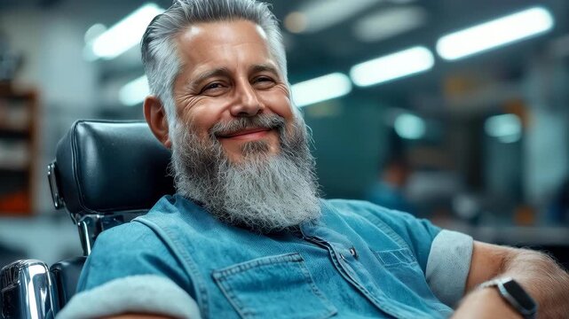 Smiling in the Barber's Chair: a stylish, seasoned individual with a well-groomed beard and a relaxed demeanor enjoys a moment in a barbershop.