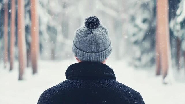 Winter's Embrace: A solitary figure, wrapped in winter attire, wanders through a snowy forest, lost in a moment of tranquil reflection and the crispness of a winter's day. 
