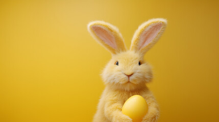 Obraz premium Fluffy yellow rabbit with easter egg on yellow background