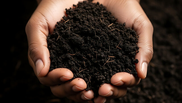 Hands cradling a handful of rich dark soil with visible roots and debris dirt earth ground human fingers palm