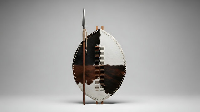 African shield and spear made of cowhide and wood on gray background wooden traditional warfare protection weapon handmade ethnographic