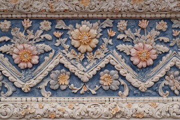 Obraz premium Elaborate floral stucco ornamentation displays intricate three dimensional relief work against a deep blue background