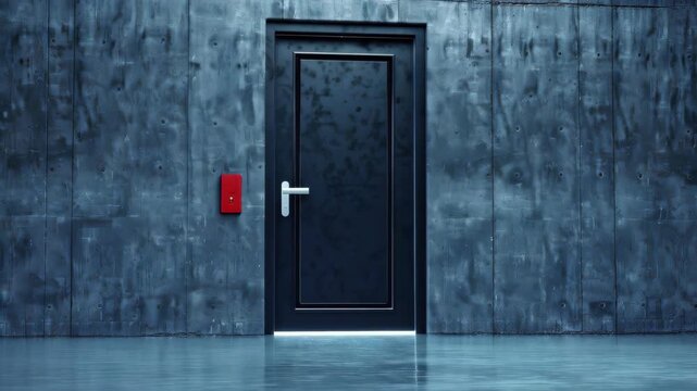 Monochrome Mystery: A solitary door stands resolute amidst a textured wall. A compelling juxtaposition of structure, security, and potential escape. A captivating scene for any designer.