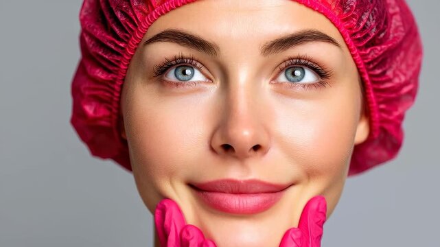 Beauty Professional: A close-up portrait of a woman in a bouffant cap, her skin flawless and eyes sparkling, embodies the essence of professional beauty care.