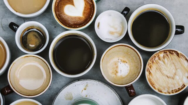 Top-down view of various coffee cups with latte art and empty mugs, perfect for a video on coffee culture and morning routines. Live desktop wallpaper.