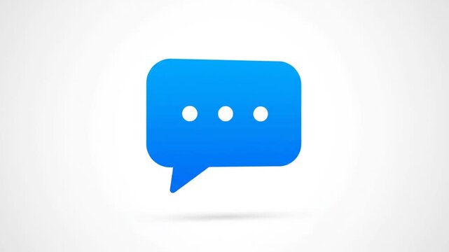A blue speech bubble with three dots indicating a message or conversation on a white background viewed from a straightforward perspective