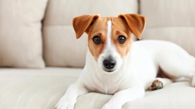 Jack Russell Terrier on the Sofa: A charming Jack Russell Terrier, with its expressive eyes and distinctive coat pattern, lounges comfortably on a plush sofa.