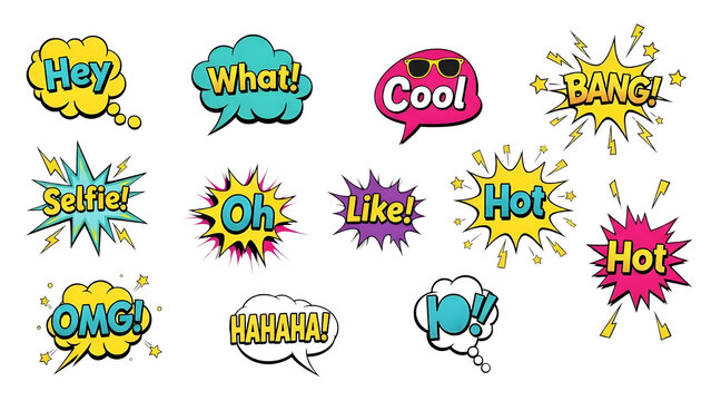 Set of 12 Colorful Pop Art Comic Speech Bubbles Vector - Powered by Adobe