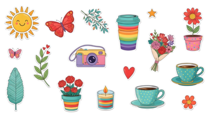 Set of 17 Colorful Hand-Drawn Spring and Summer Doodle Stickers
