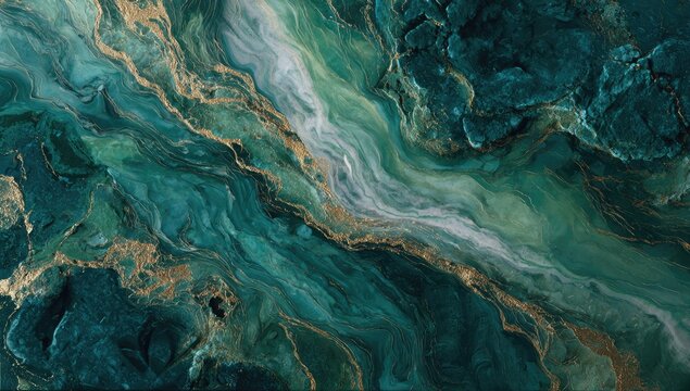 Abstract swirling emerald green, teal, and gold textures evoke natural formations