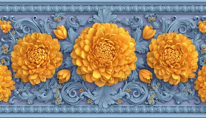 Ornate three dimensional floral relief panel features prominent yellow blossoms against blue detailed scrollwork