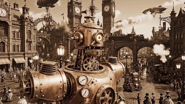 Steampunk Robot Cityscape with Airships and Big Ben.