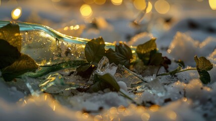 Broken Green Glass Bottle with Ivy Leaves on Snowy Ground in Warm Golden Light