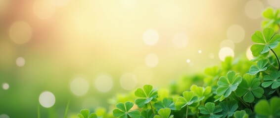 St Patricks Day Green Clover Horizontal Banner with Blurred Bokeh Background and Copy Space
